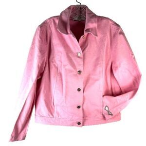 ST JOHN womans jean Pink Trucker Jacket embroidered sunglasses Medium 90s vtg